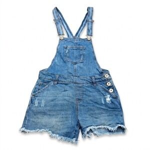 Vanilla Star Denim Overalls Shorts Women's Size M Blue Distressed Frayed Stretch